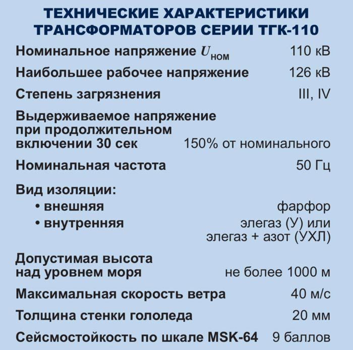 технические характеристики трансформаторов серии ТГК 110
