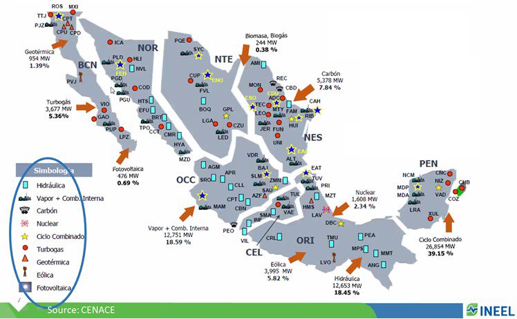 Расположение электростанций, работающих на различных видах топлива на территории Мексики, по состоянию на начало 2019 года.
